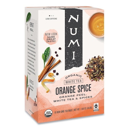 Numi Organic Teas, 1.58oz, WhiteOrangeSpice, PK16, White Orange Spice, Bag, Low, 1.58 oz, 16 PK 10240